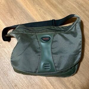 Pewter Silver TUMI messenger bag.